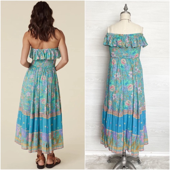 SPELL Hibiscus Lane Strapless Flutter Midi Dress Organic 
Lagoon Floral Print - Picture 6 of 17